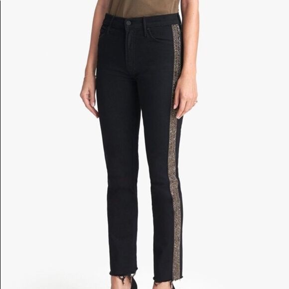 MOTHER Straight Leg Beaded Racing Stripe Jean with Raw Hem - Size 26 - Picture 3 of 5